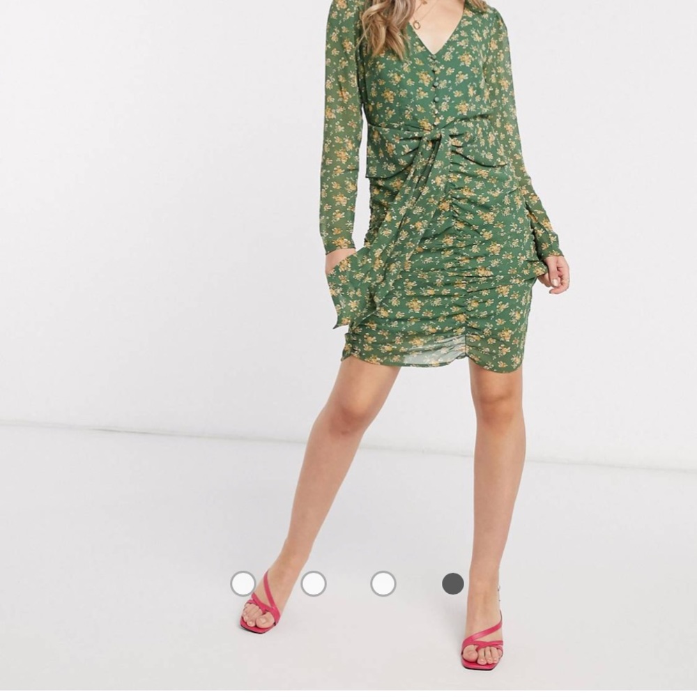 Vila chiffon mini dress with ruched front in green floral